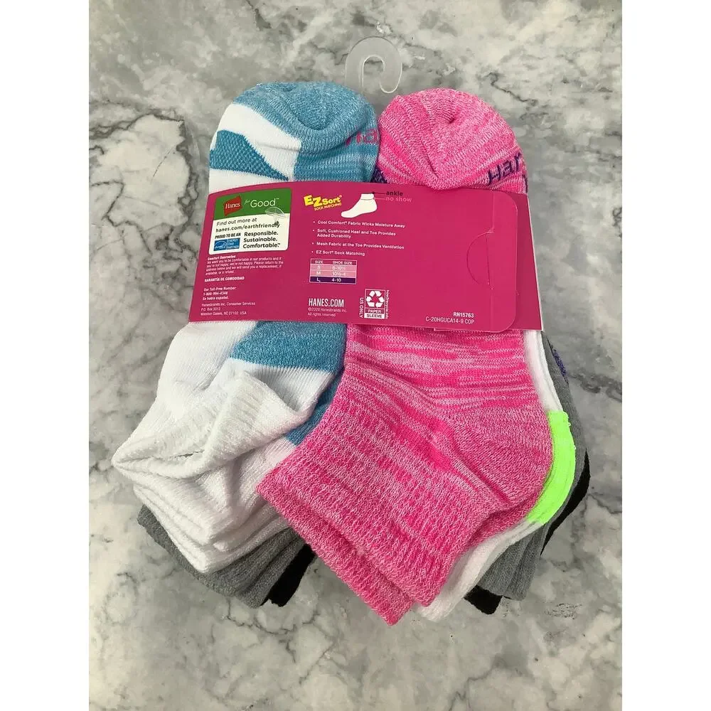 Hanes Ultimate Girls' Large 14-Pack Assorted Moisture Wicking Ankle Socks K34-28